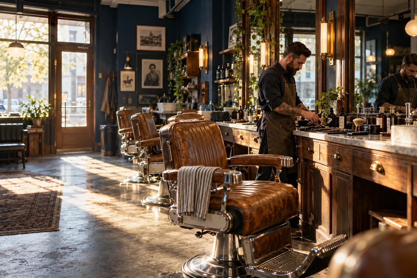 Warm independent barbershop interior