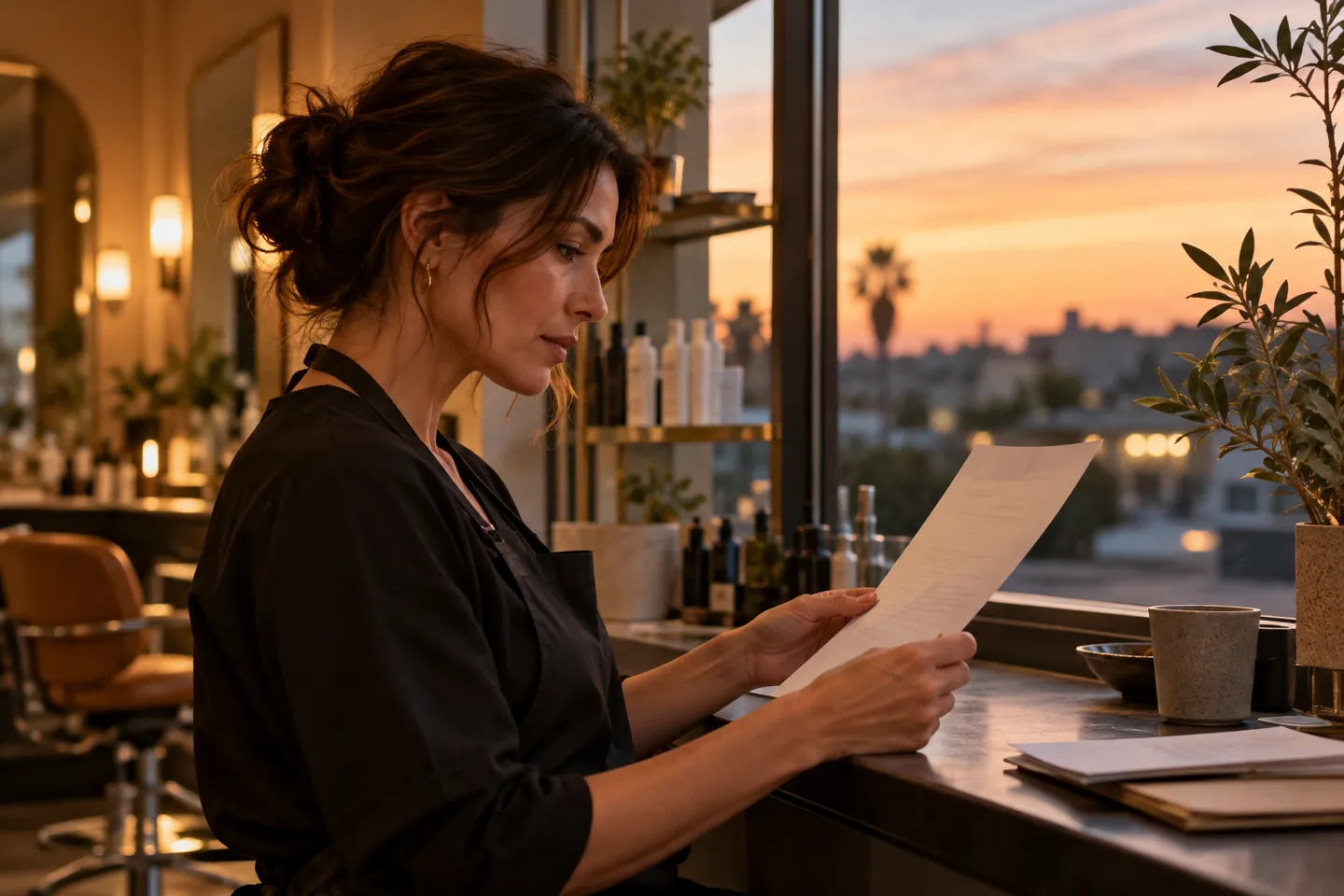 A salon owner reviewing a printed renewal letter near a window at dusk, close side view