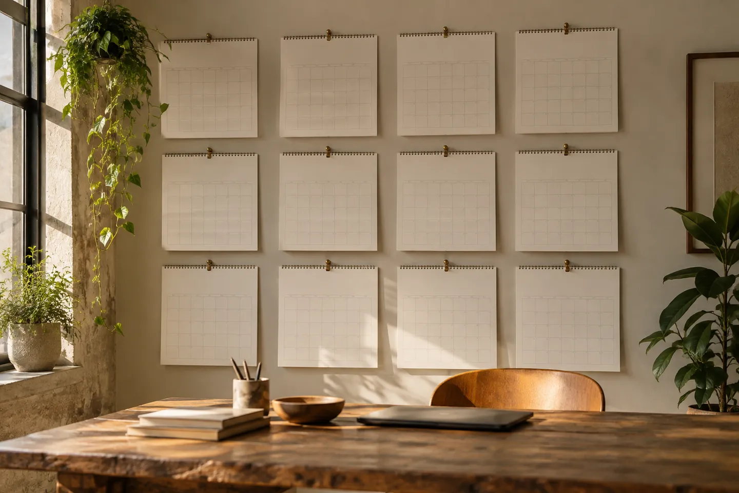 A wall calendar with twelve blank monthly pages arranged across a studio office wall, environmental photograph