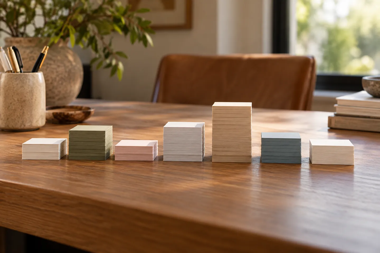 Seven small stacks of appointment cards with varying heights on a wooden desk, photographic visualization without text