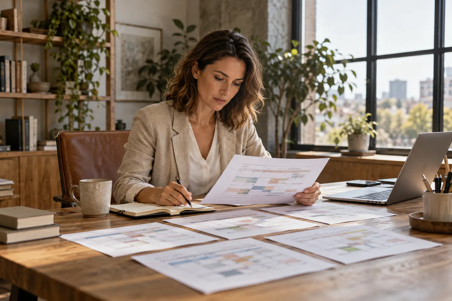 A business manager studying a week of printed appointment records at a large daylight office desk