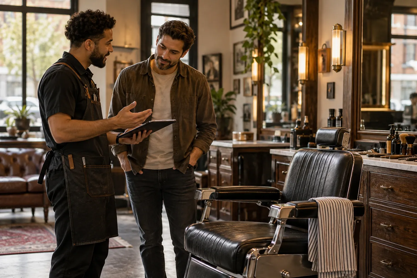 A barber discussing an available appointment with a customer beside an empty leather chair, close natural moment