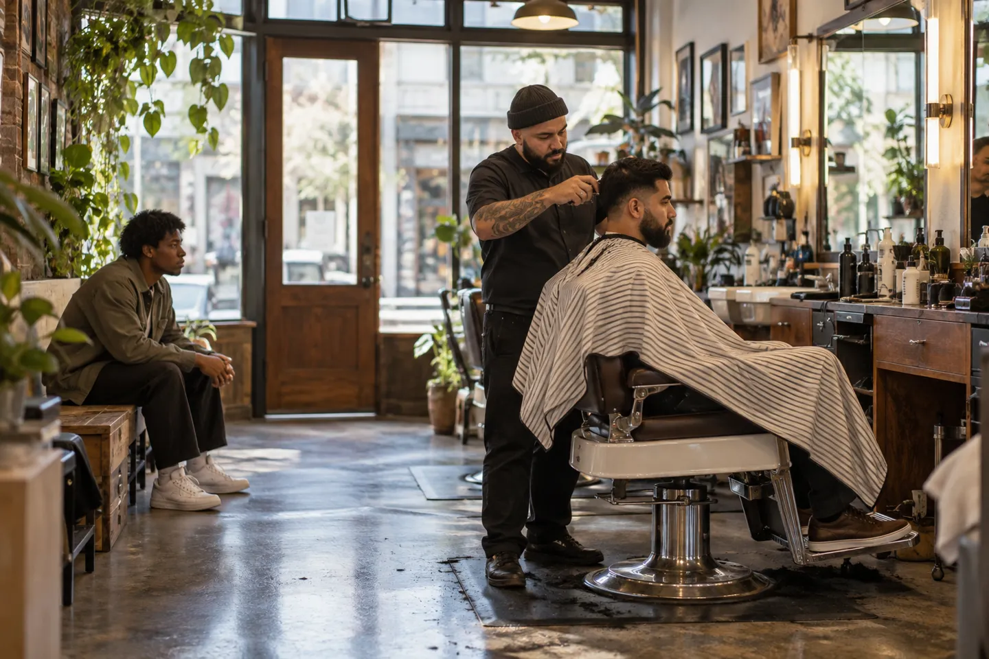 A busy neighborhood barbershop with one waiting walk-in and one seated client, wide candid environment