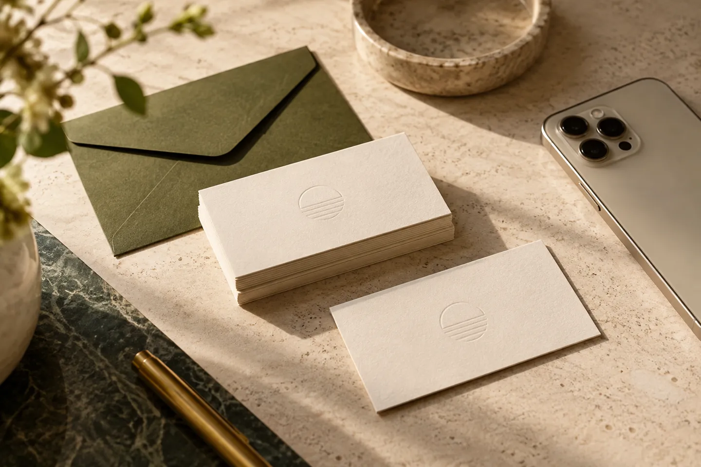 Branded-looking but text-free cream business cards, an olive envelope and a phone turned away on a studio desk