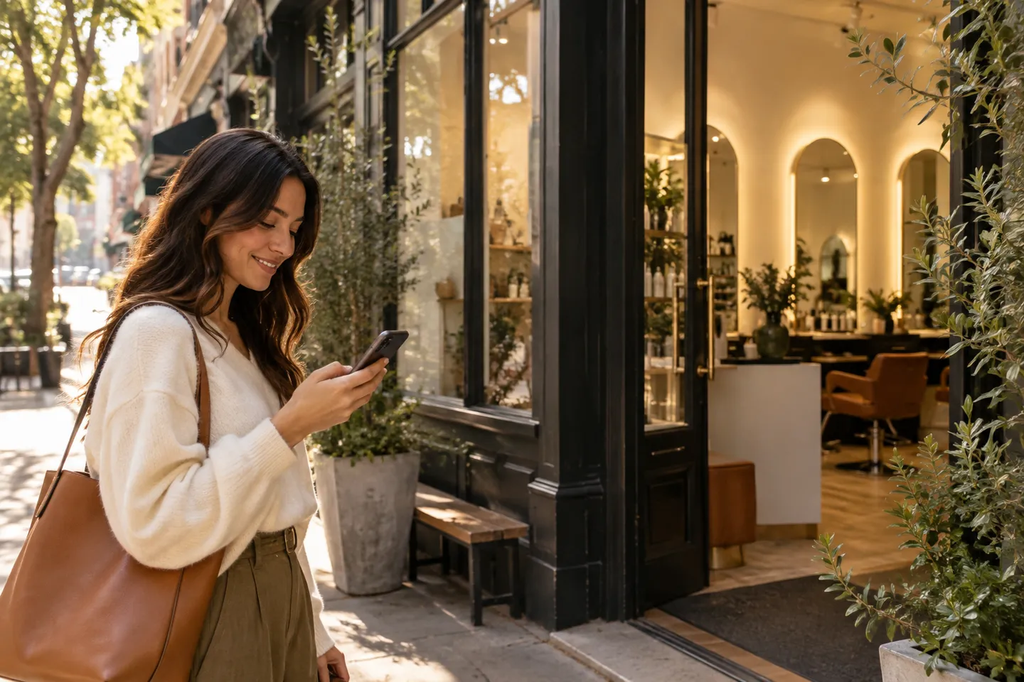 A customer recognizing a familiar salon storefront while looking at a phone, warm street scene