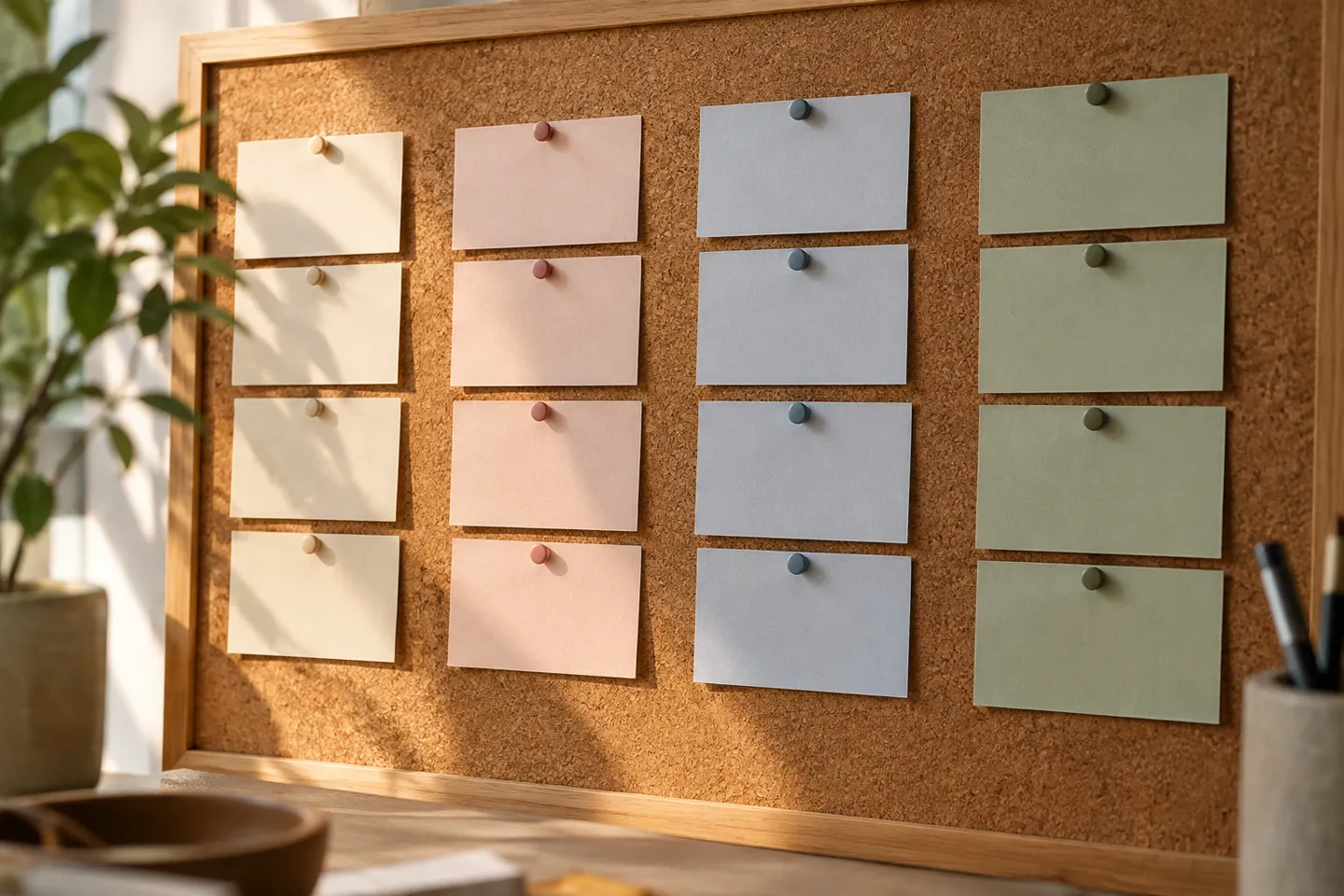 A cork board with blank appointment slips grouped into four columns, close photograph with no readable text
