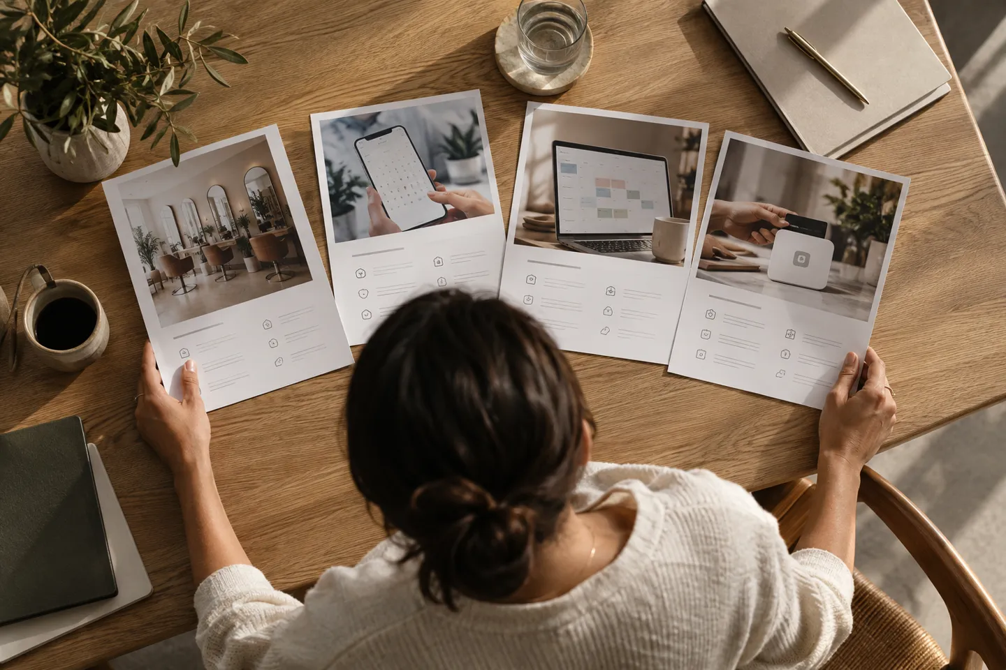An owner comparing four printed software brochures across a large oak meeting table, overhead editorial view
