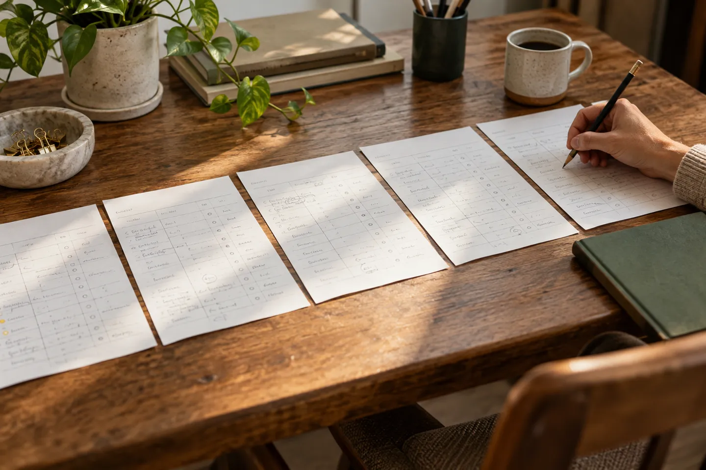 A row of five blank evaluation sheets with pencil annotations too small to read, close desk photograph