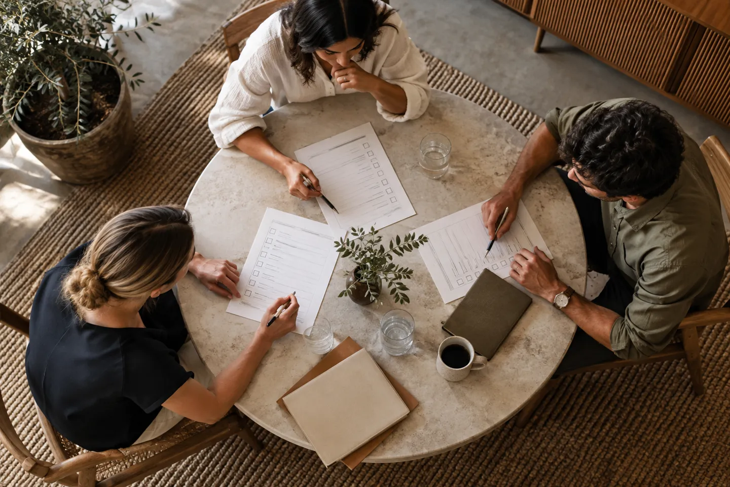 Three business partners evaluating printed checklists around a circular table, overhead documentary composition