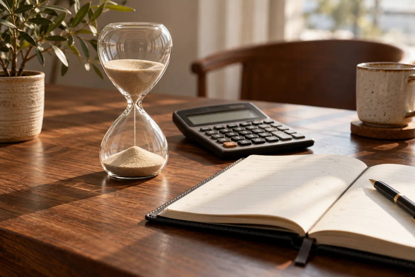 An hourglass, calculator and appointment diary on a walnut surface, directional natural lighting