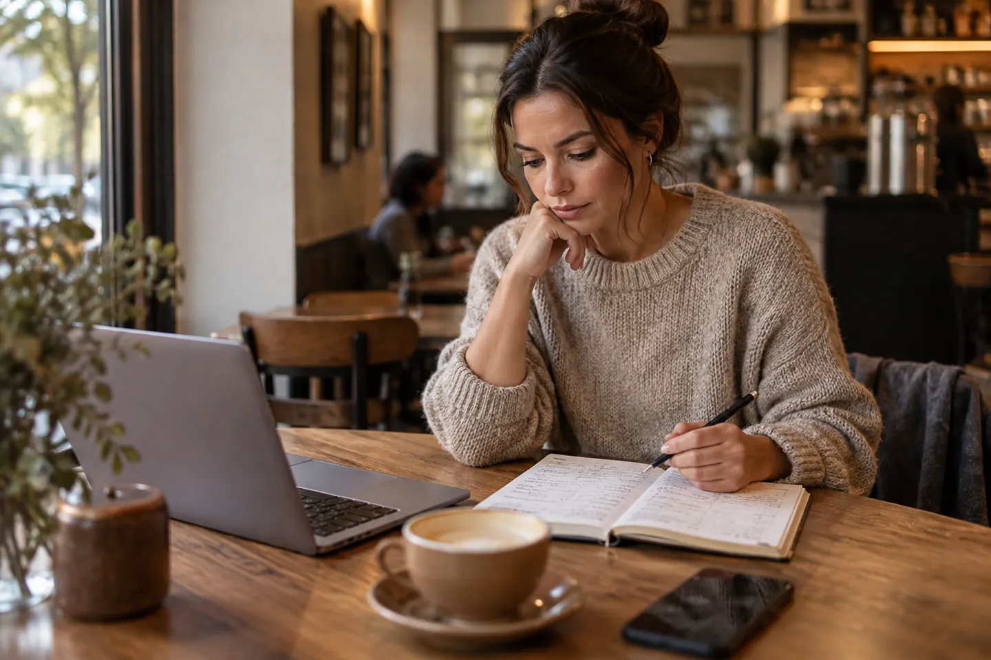 A service-business manager reflecting over monthly figures in a notebook at a quiet café table