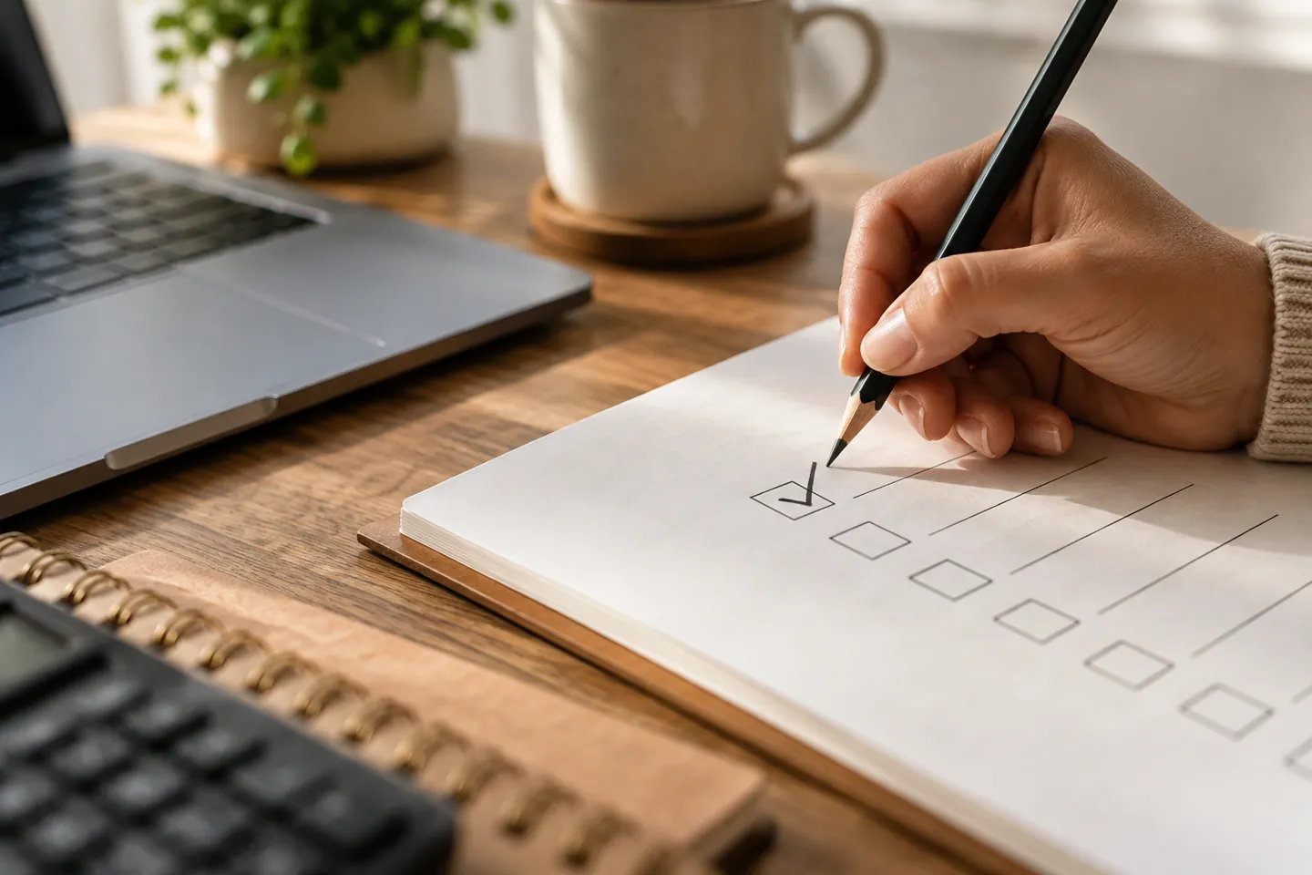 A pencil making a tick on a blank expense checklist beside an unbranded laptop, macro detail