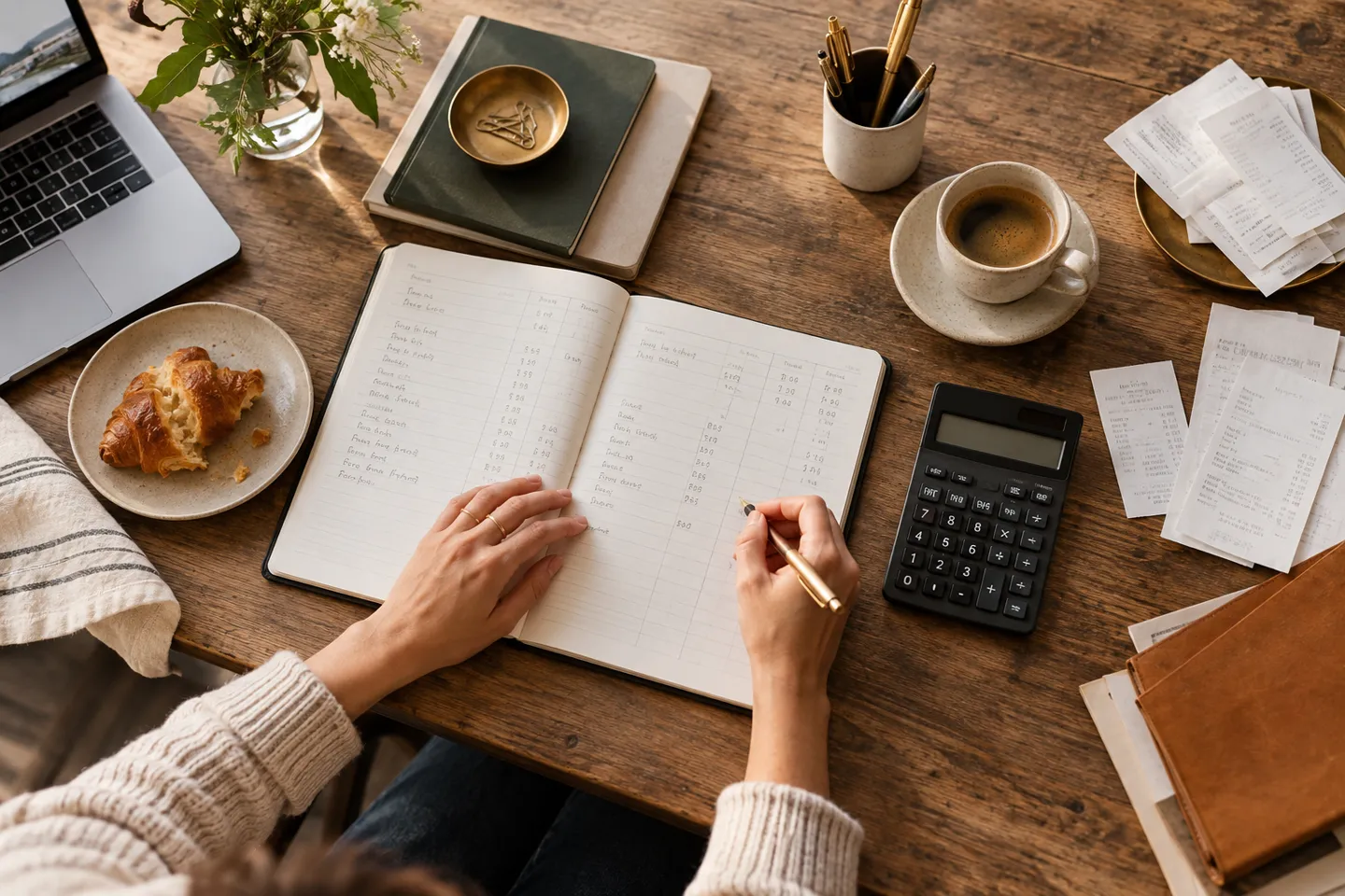 A meticulous small business budgeting desk with an open ledger, calculator, receipts and espresso, wide overhead composition