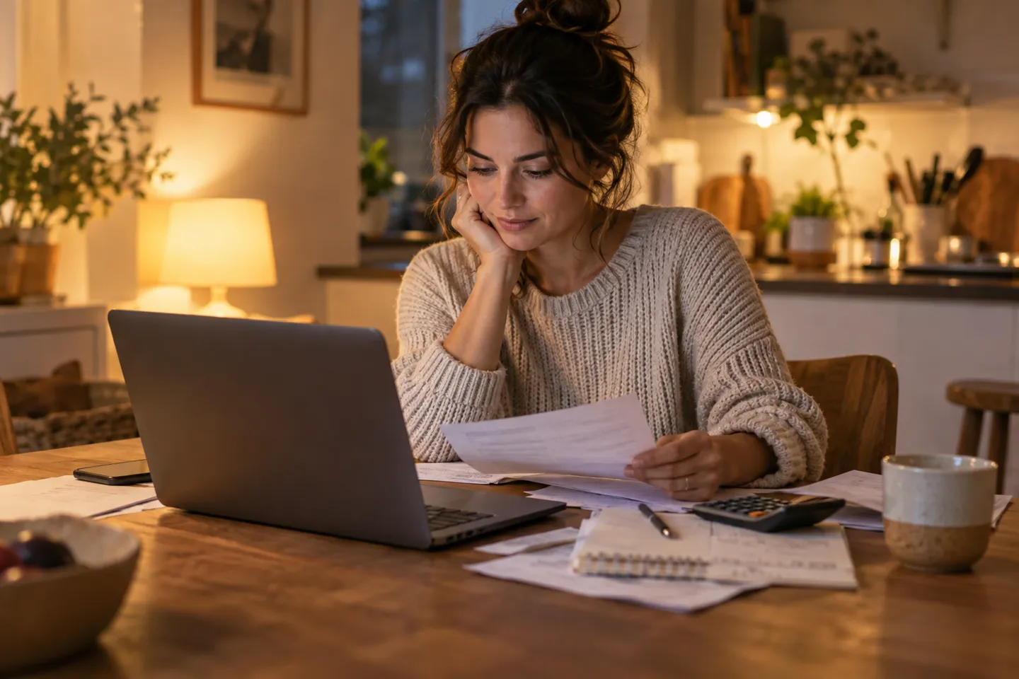 A single small-business owner reviewing her budget at a kitchen table with a laptop facing away, evening lamplight