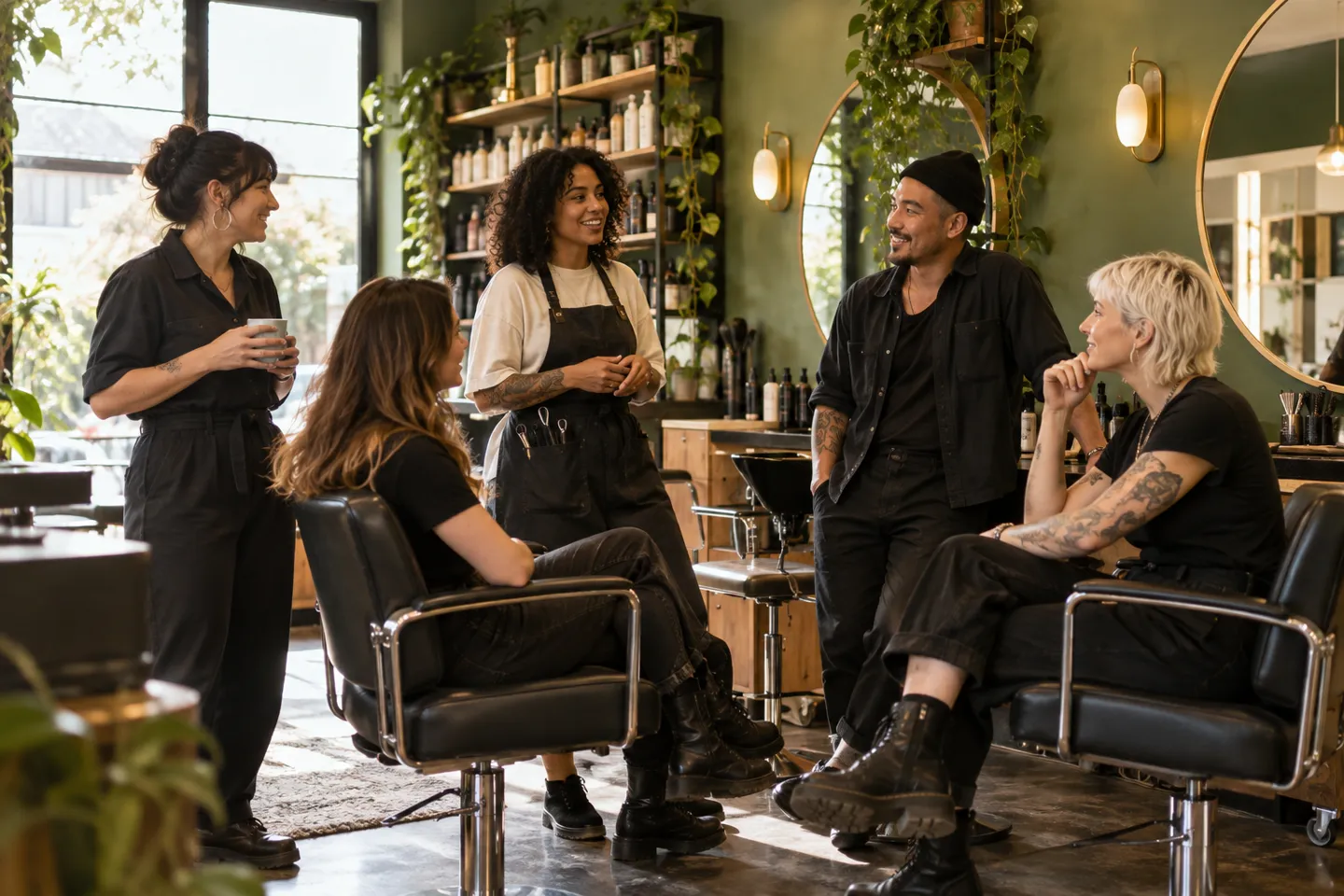 Five diverse stylists discussing their working week in a small green-walled salon before opening, candid wide shot