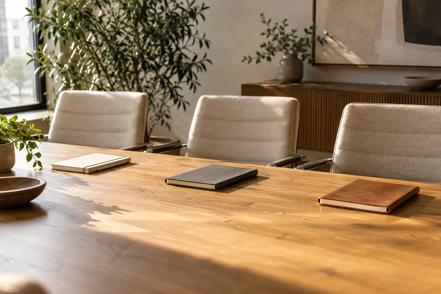 Three empty desk chairs beside three separate unbranded notebooks, still life illustrating seat-based costs