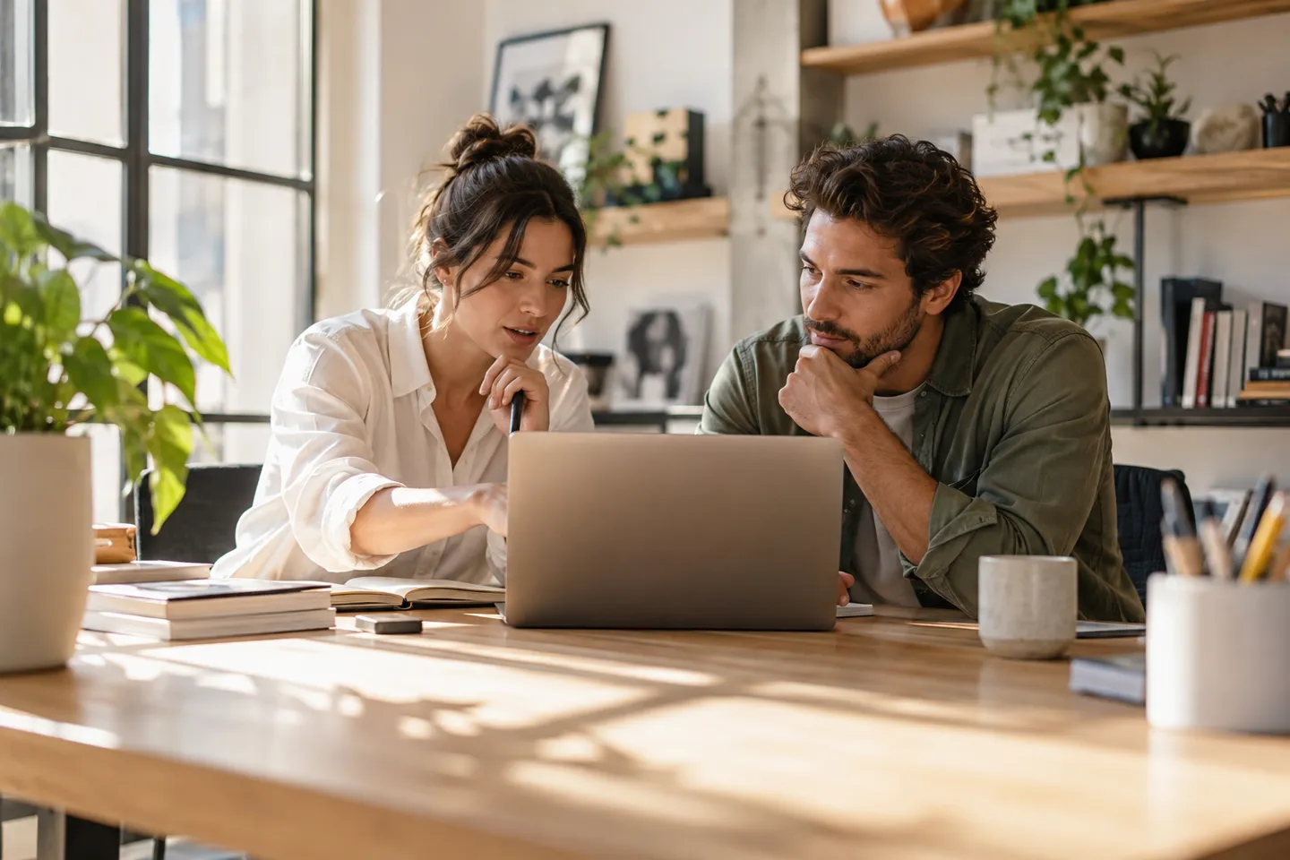 Two independent consultants reviewing a calendar at a bright shared office desk, candid wide composition