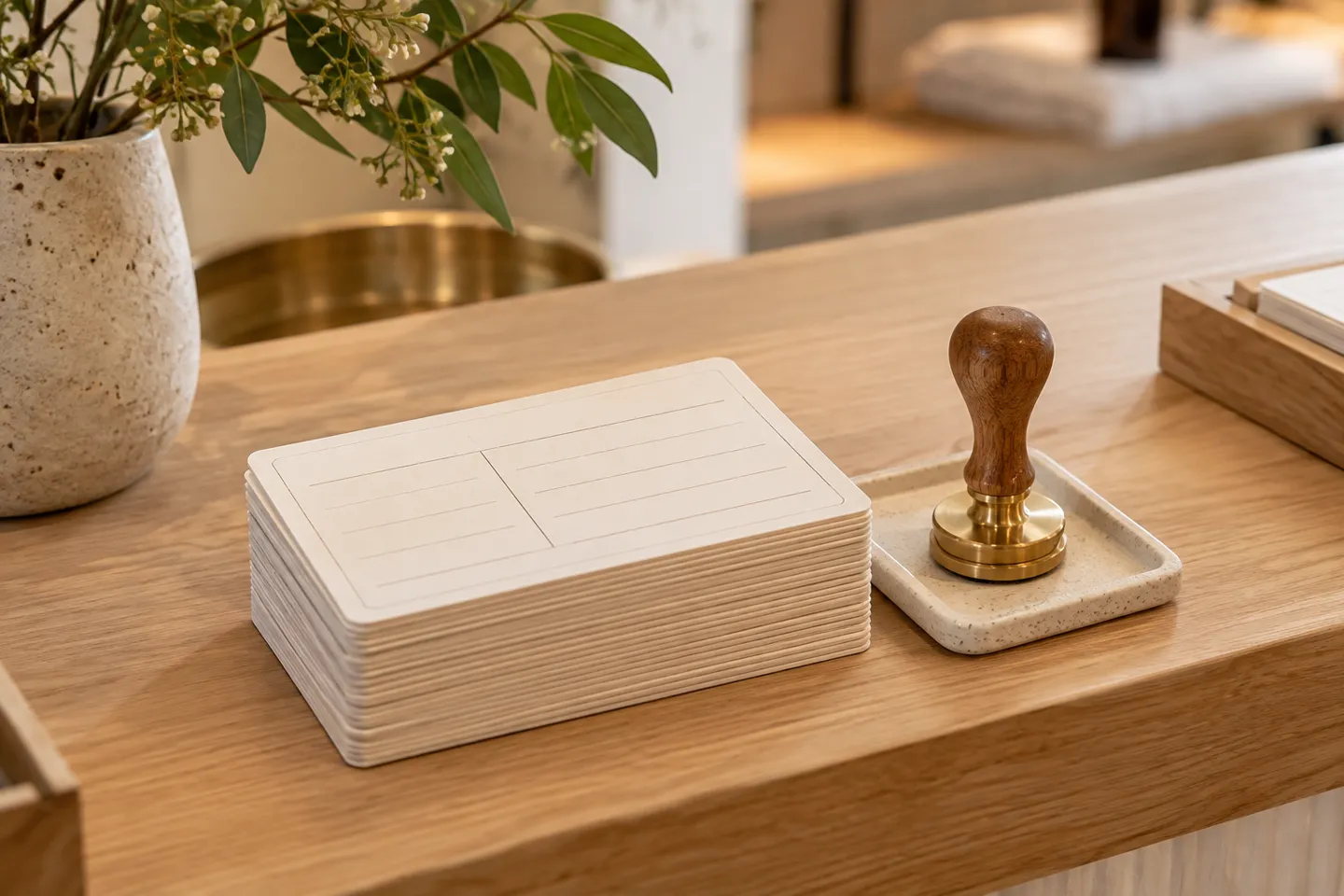 A neatly organized stack of blank client history cards and a tasteful loyalty stamp on a pale wood reception desk