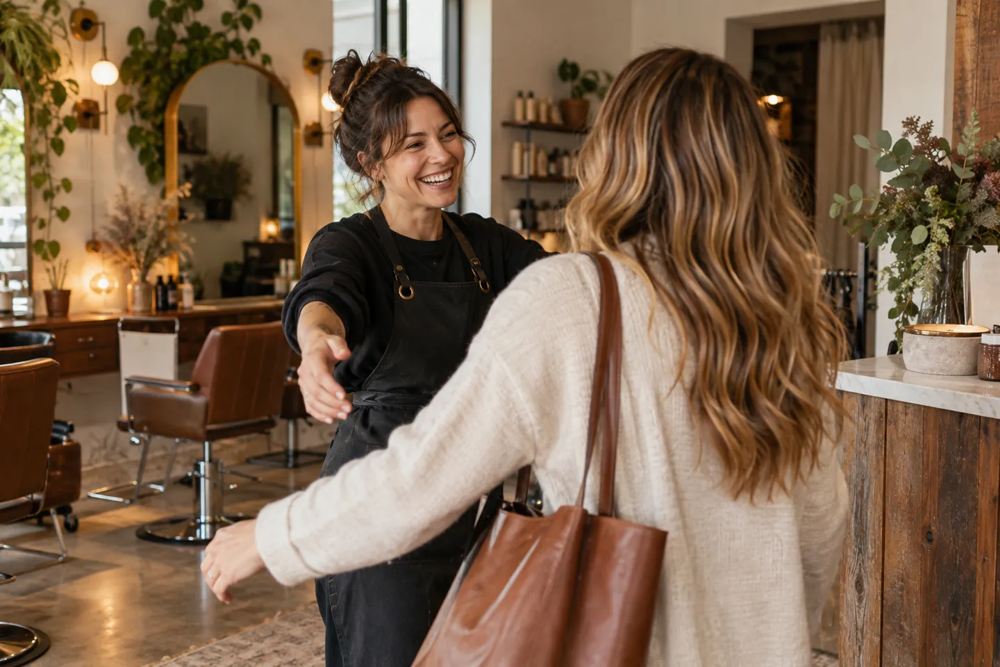 A stylist warmly greeting a familiar returning client inside a cozy independent salon