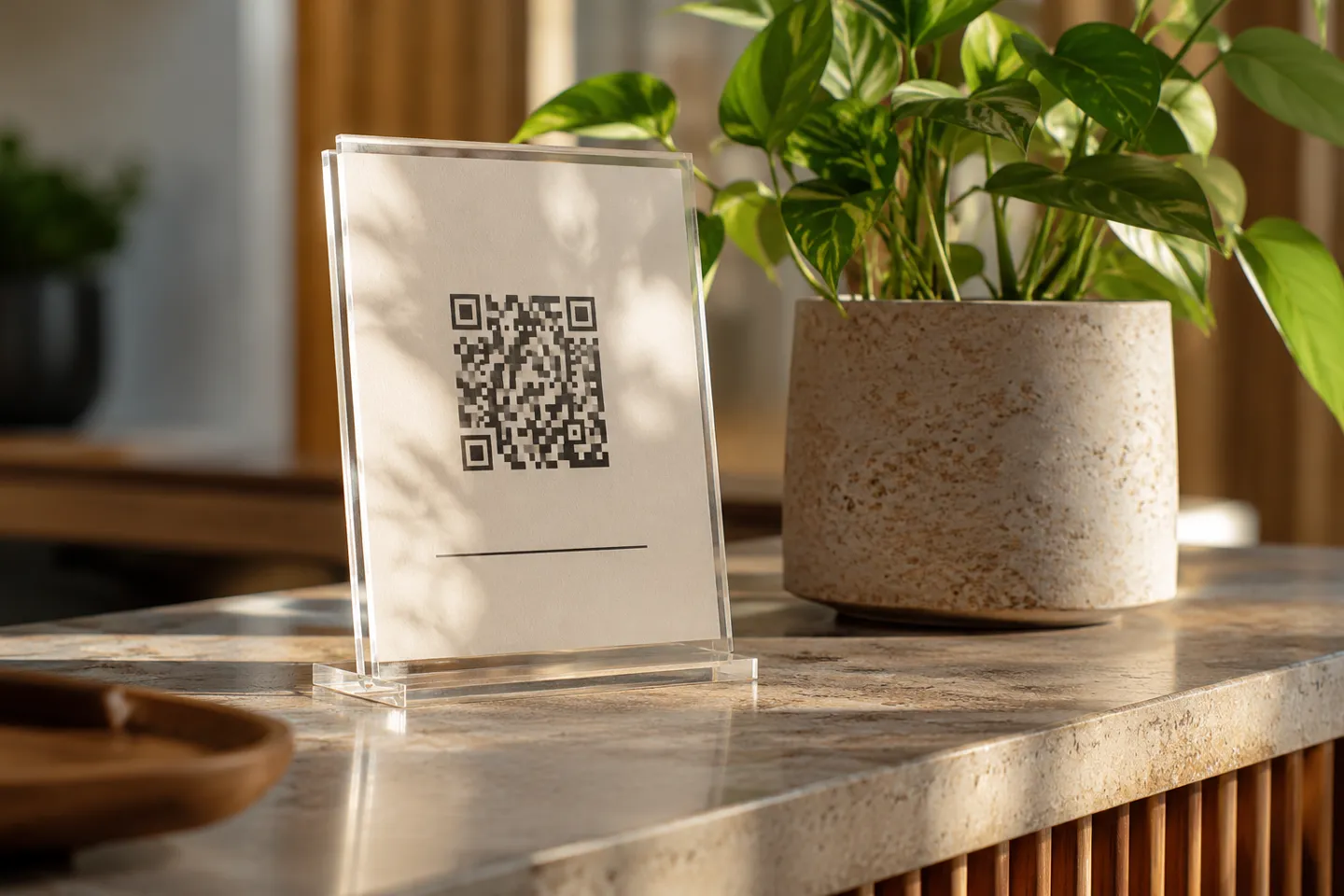 A small acrylic arrival-instructions stand with an abstract unreadable square beside a potted plant, close still life