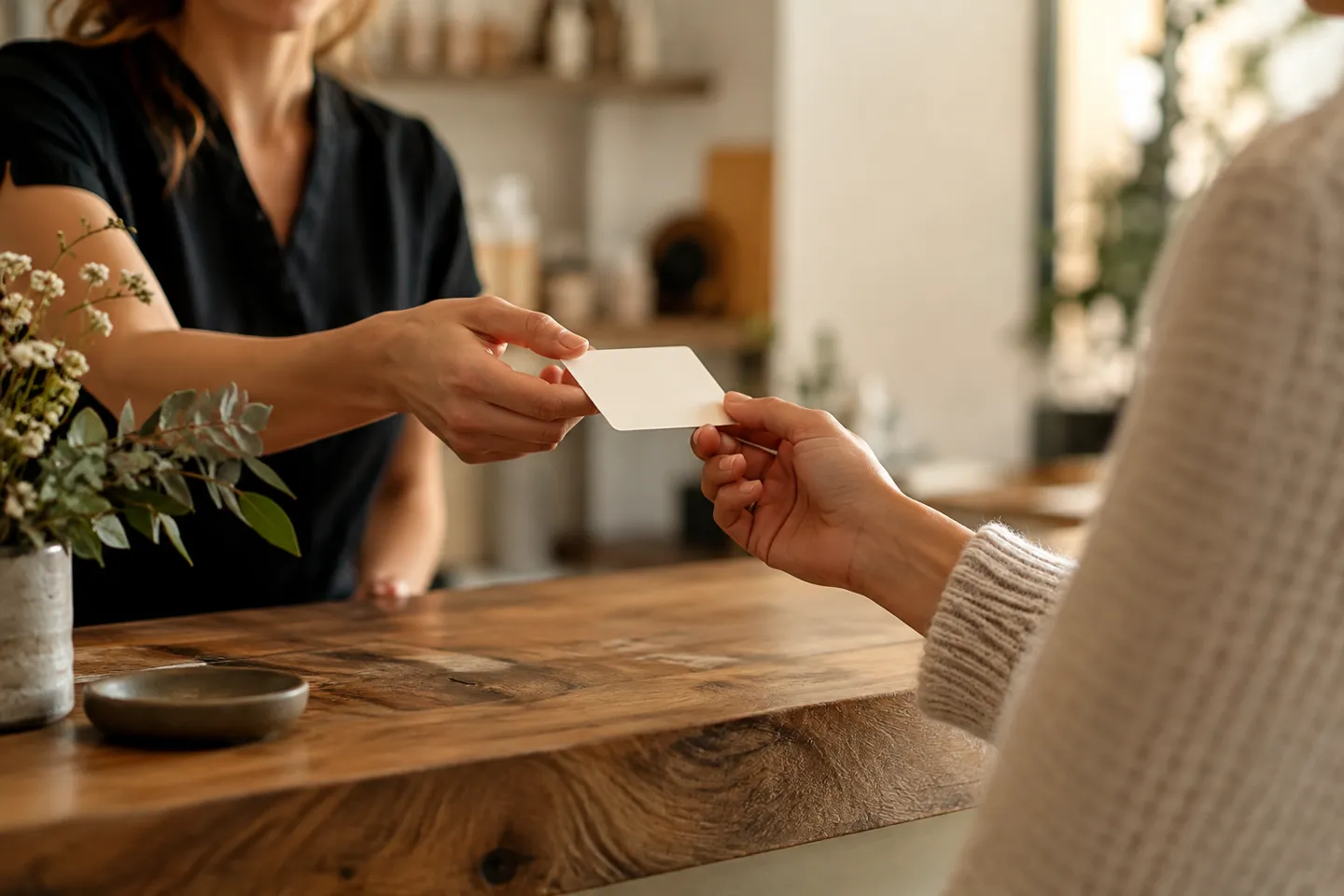 A shop owner handing a simple blank appointment card to a returning client at reception, close-up of hands