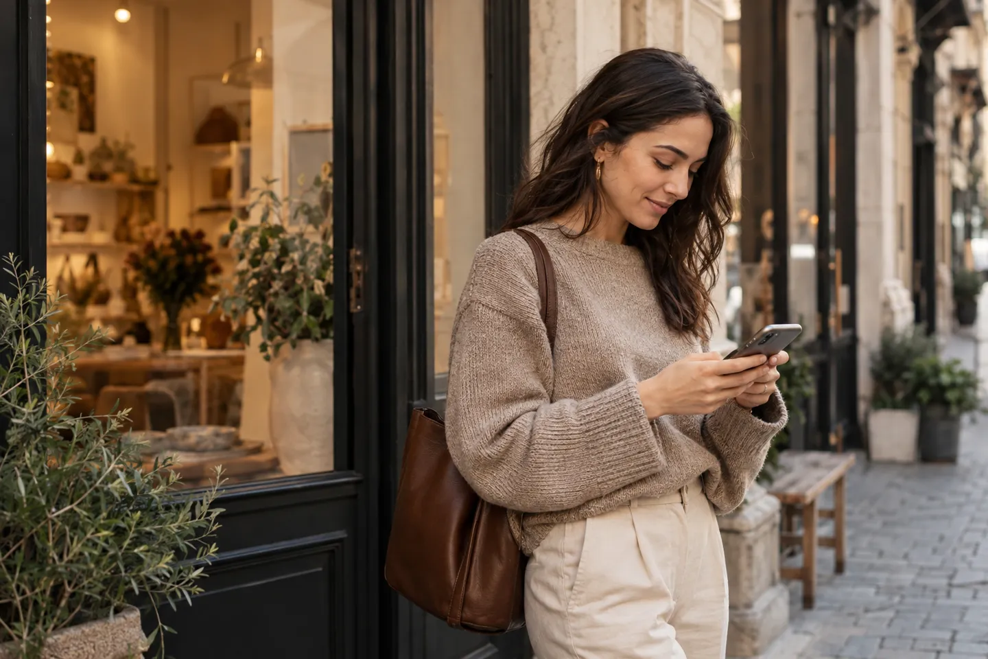 A customer independently making a booking on a phone outside a boutique storefront, candid street photograph