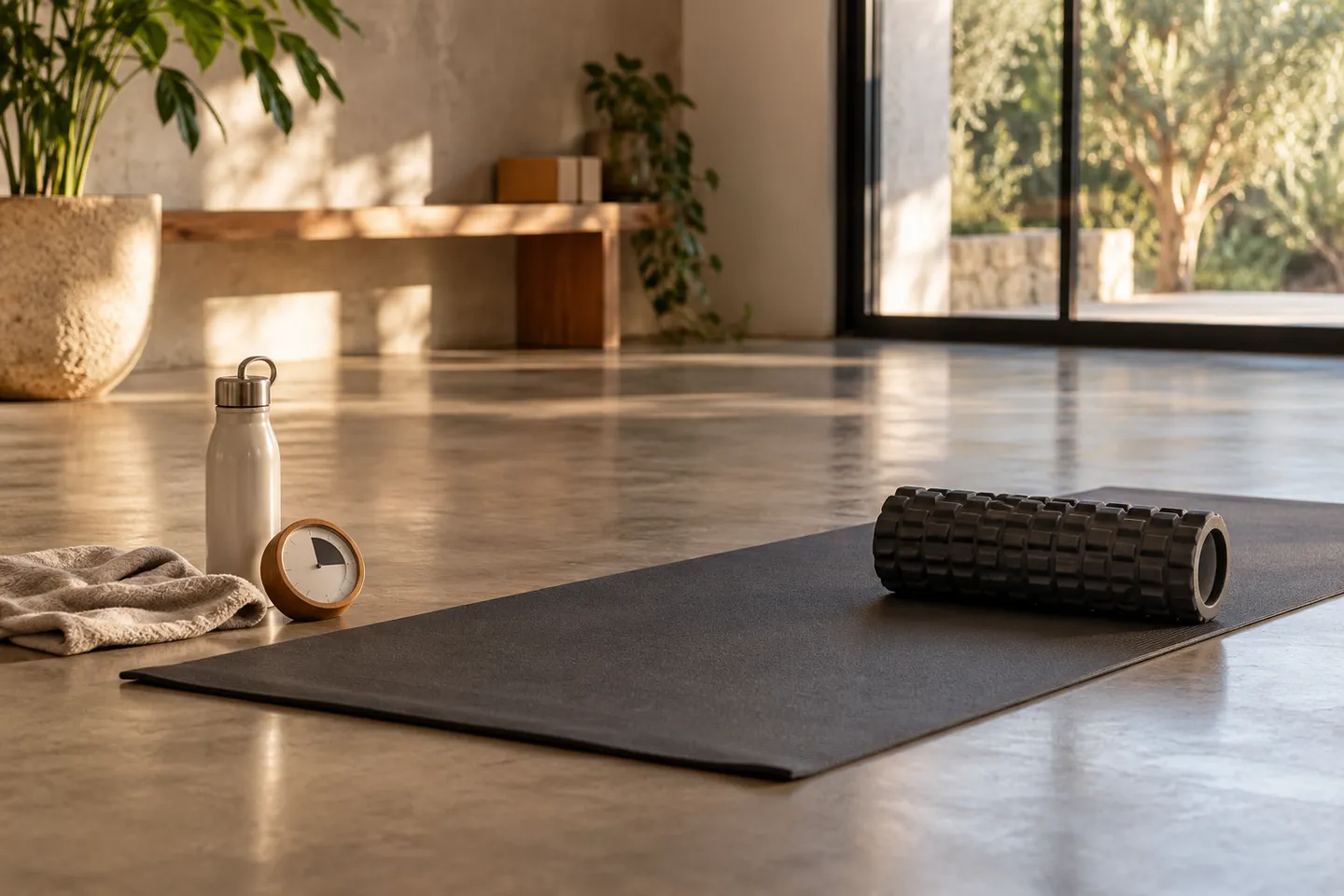 A single recovery mat and foam roller neatly prepared beside a timer, wide still life with open floor space