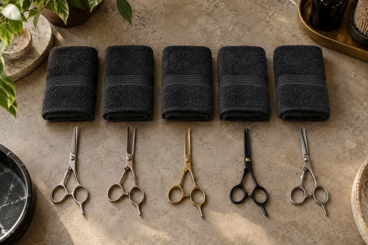 Five distinct pairs of professional scissors laid out beside five folded charcoal towels, clean overhead still life