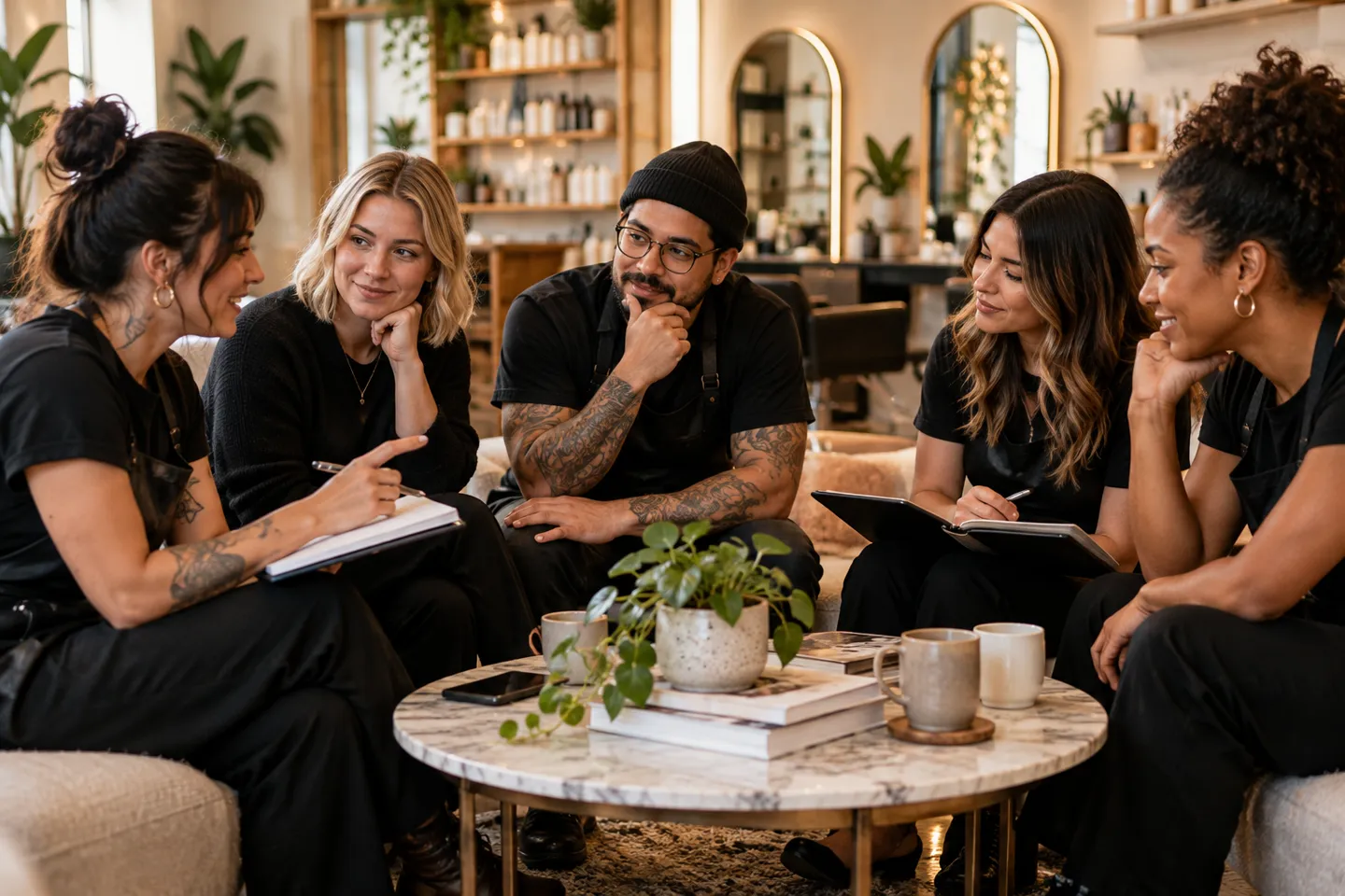 Exactly five service professionals having a relaxed planning meeting at a compact salon coffee table