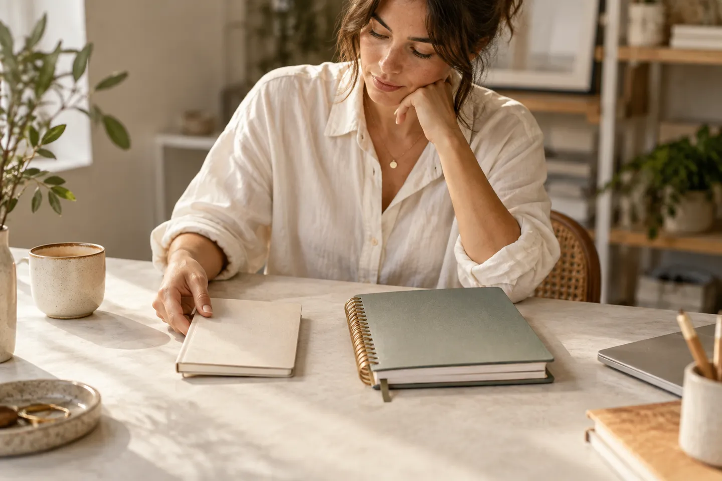 An owner deciding between a slim free-form notebook and a larger appointment planner, hands on a pale desk