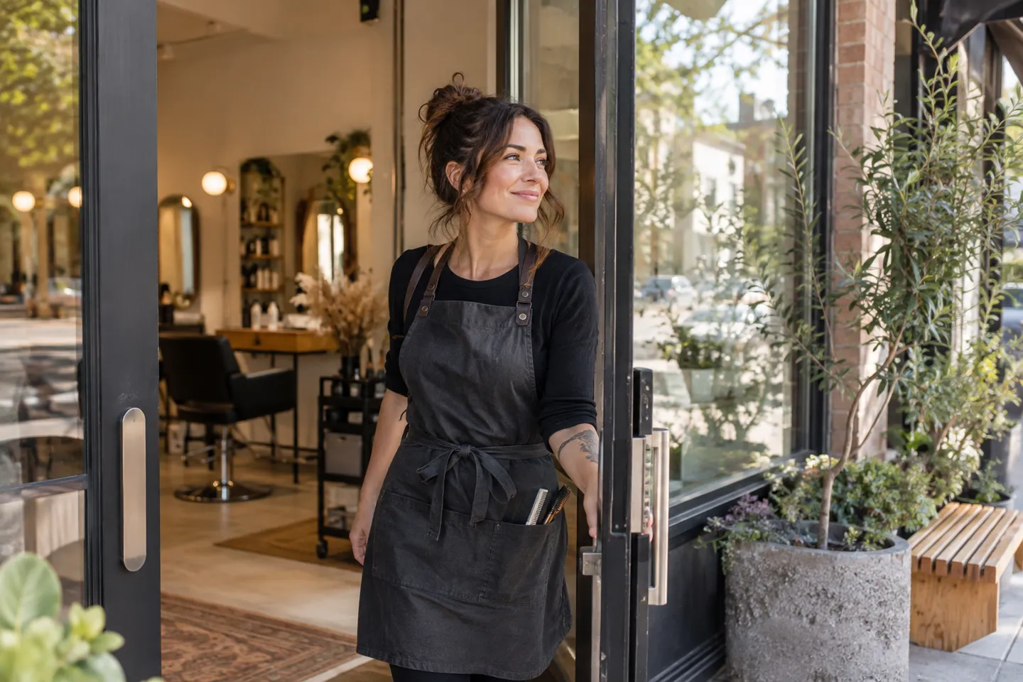 A solo hairstylist opening a modest neighborhood studio in clear morning daylight, exterior threshold view