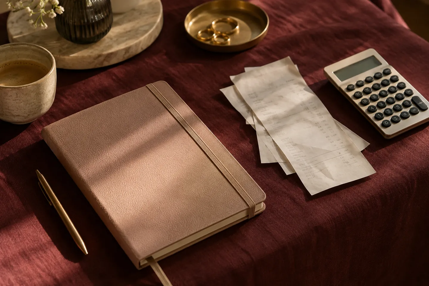 A closed appointment notebook, cream receipts and calculator arranged diagonally on burgundy linen
