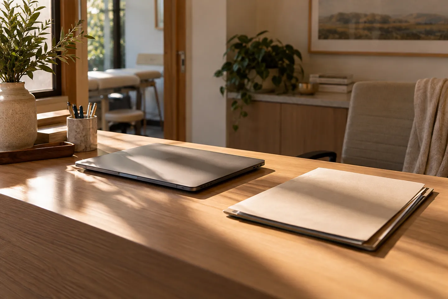 A closed laptop and face-down confidential documents inside a tidy reception office, strong natural shadows