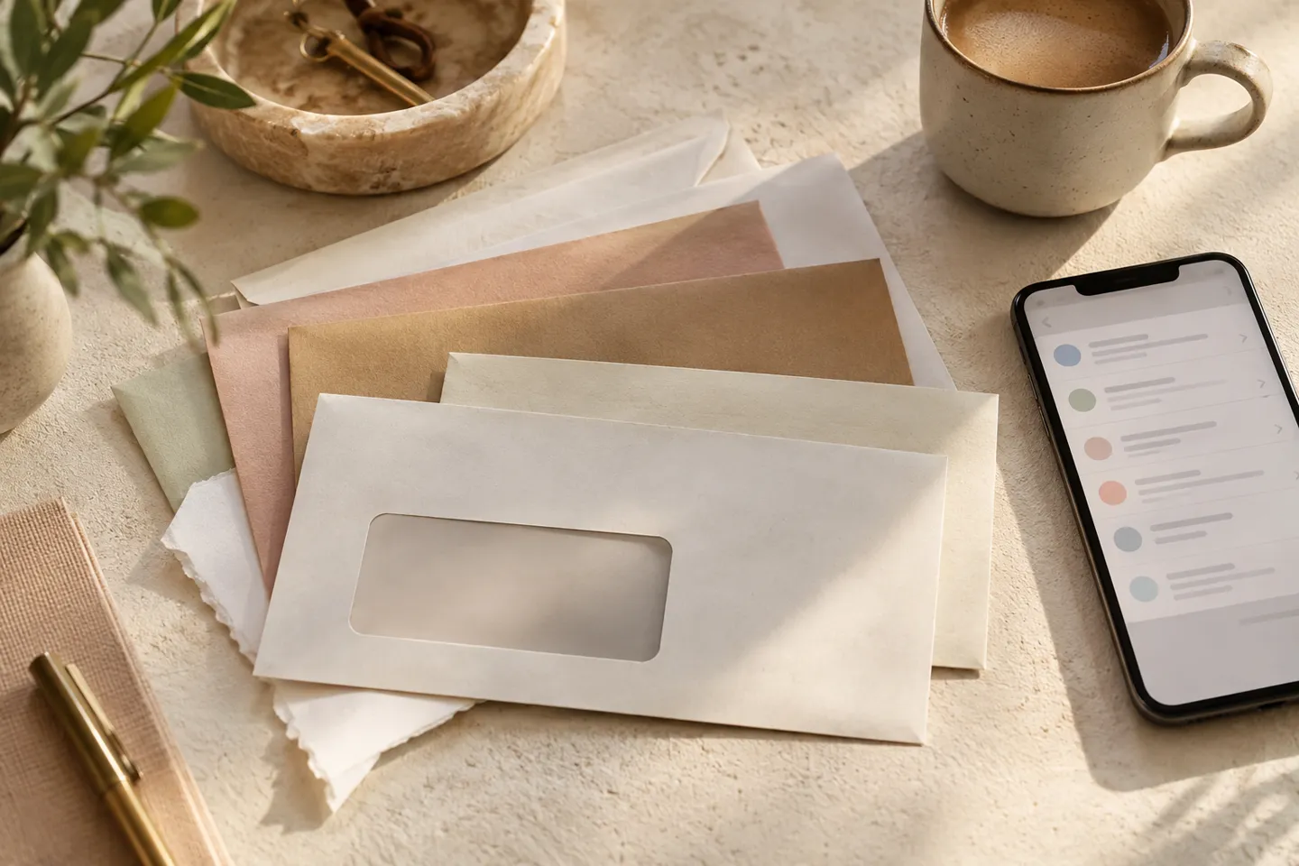 A collection of subscription envelopes and messaging receipts arranged on textured cream paper, no legible text