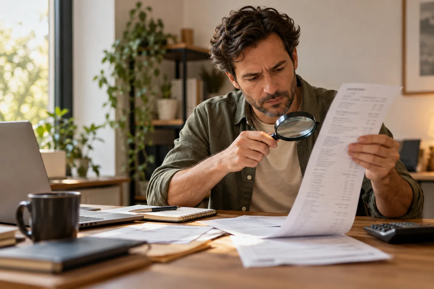 A business owner inspecting a long invoice sheet with a magnifying glass at a small office desk