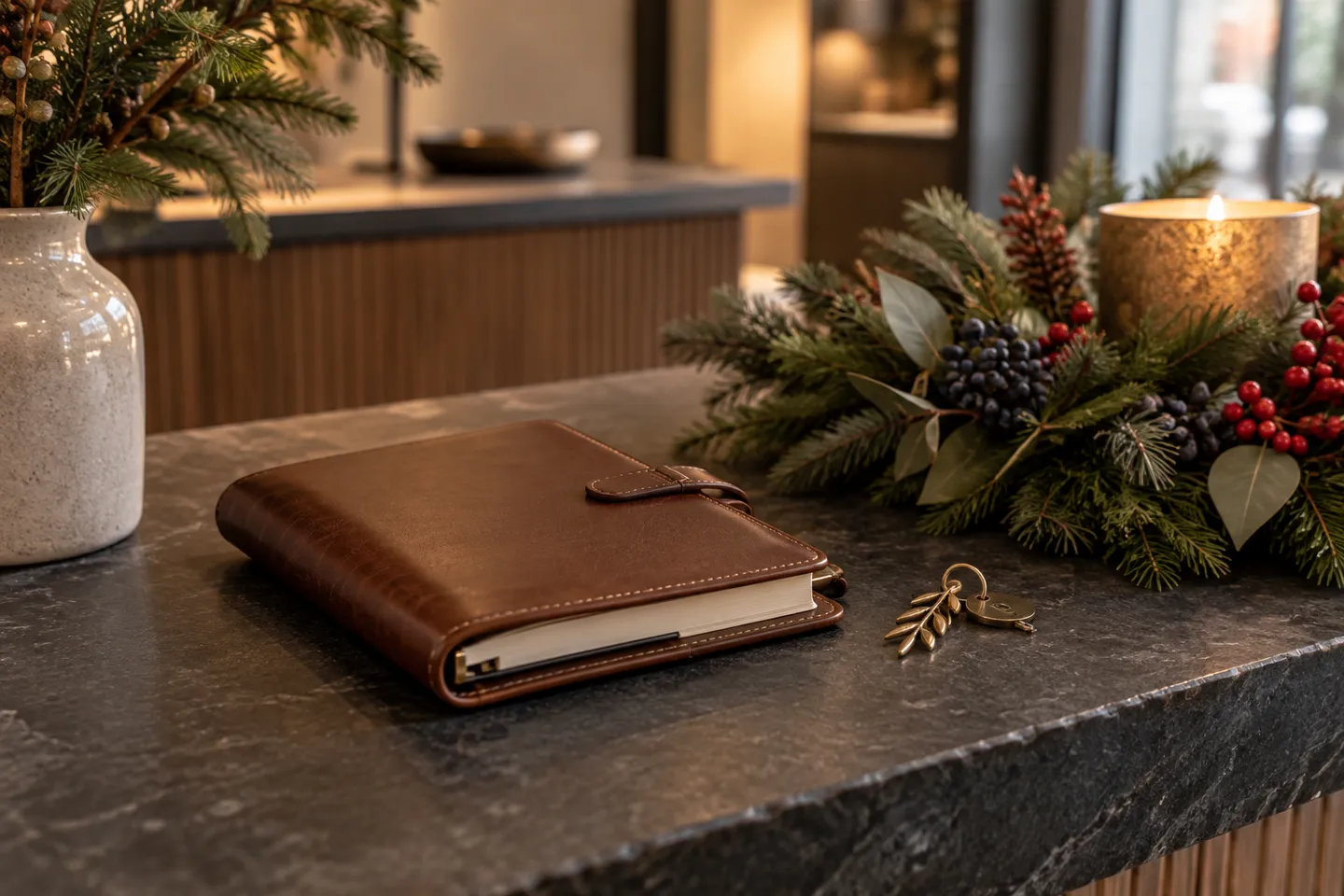 A closed appointment planner, holiday wreath and branch key on a slate reception counter, seasonal still life
