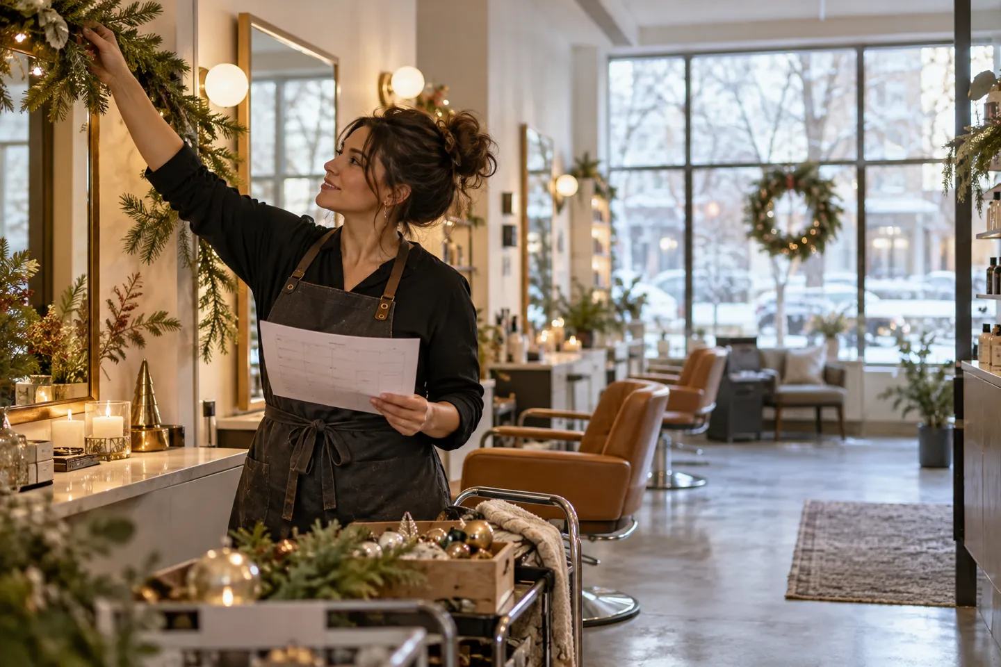 A salon owner hanging restrained seasonal decorations while consulting a paper schedule, wide winter interior