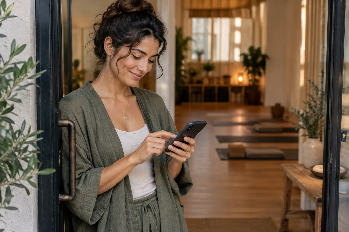 An owner testing a booking link on a phone at the entrance of a newly prepared studio, candid close view