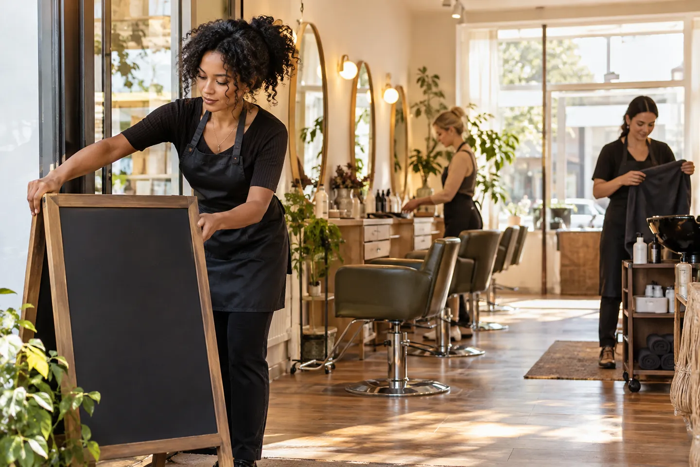 A small salon team preparing for a launch morning with a blank opening sign and organized workstations