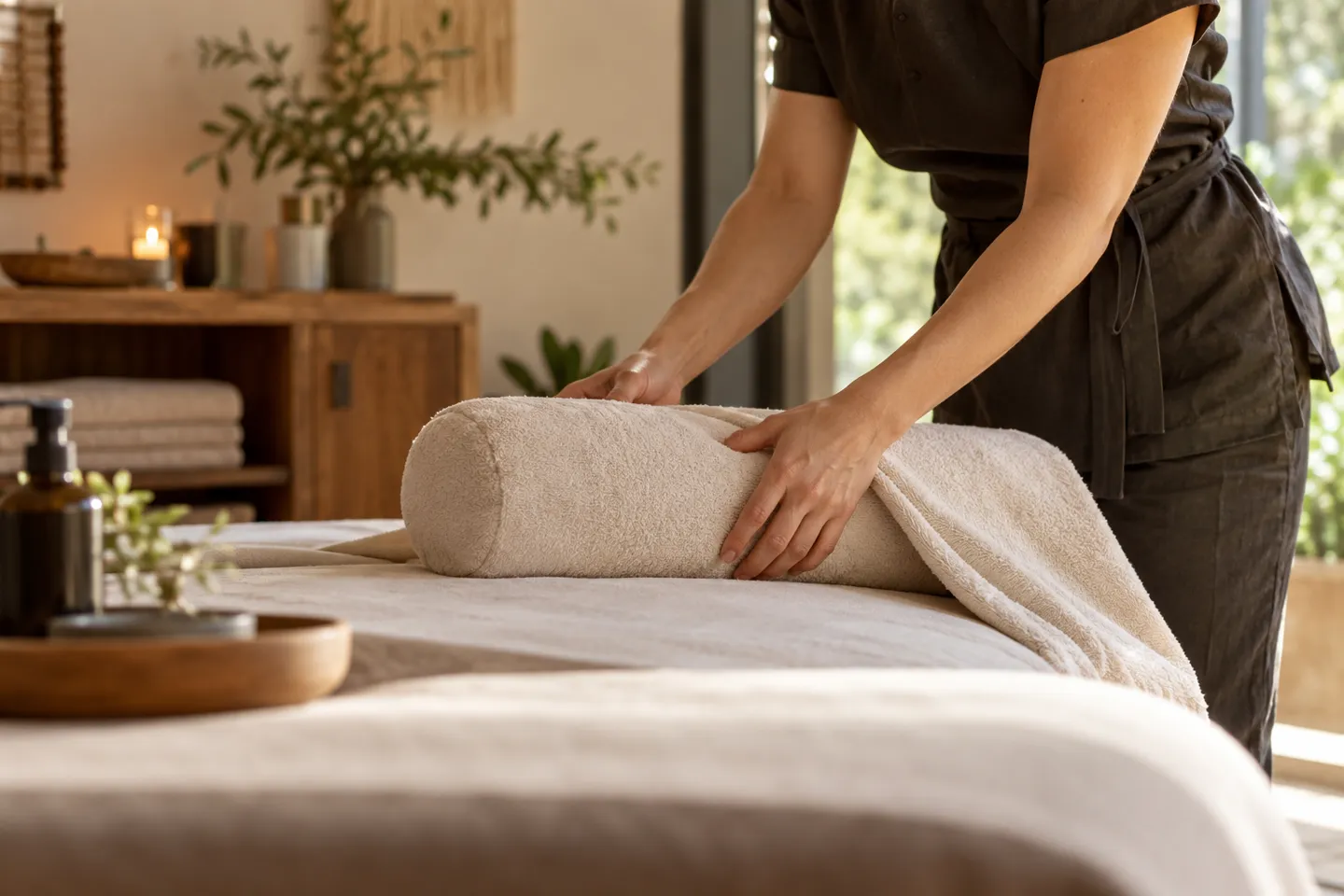 A therapist quietly resetting bolsters and towels between visits, close view of hands with no patient