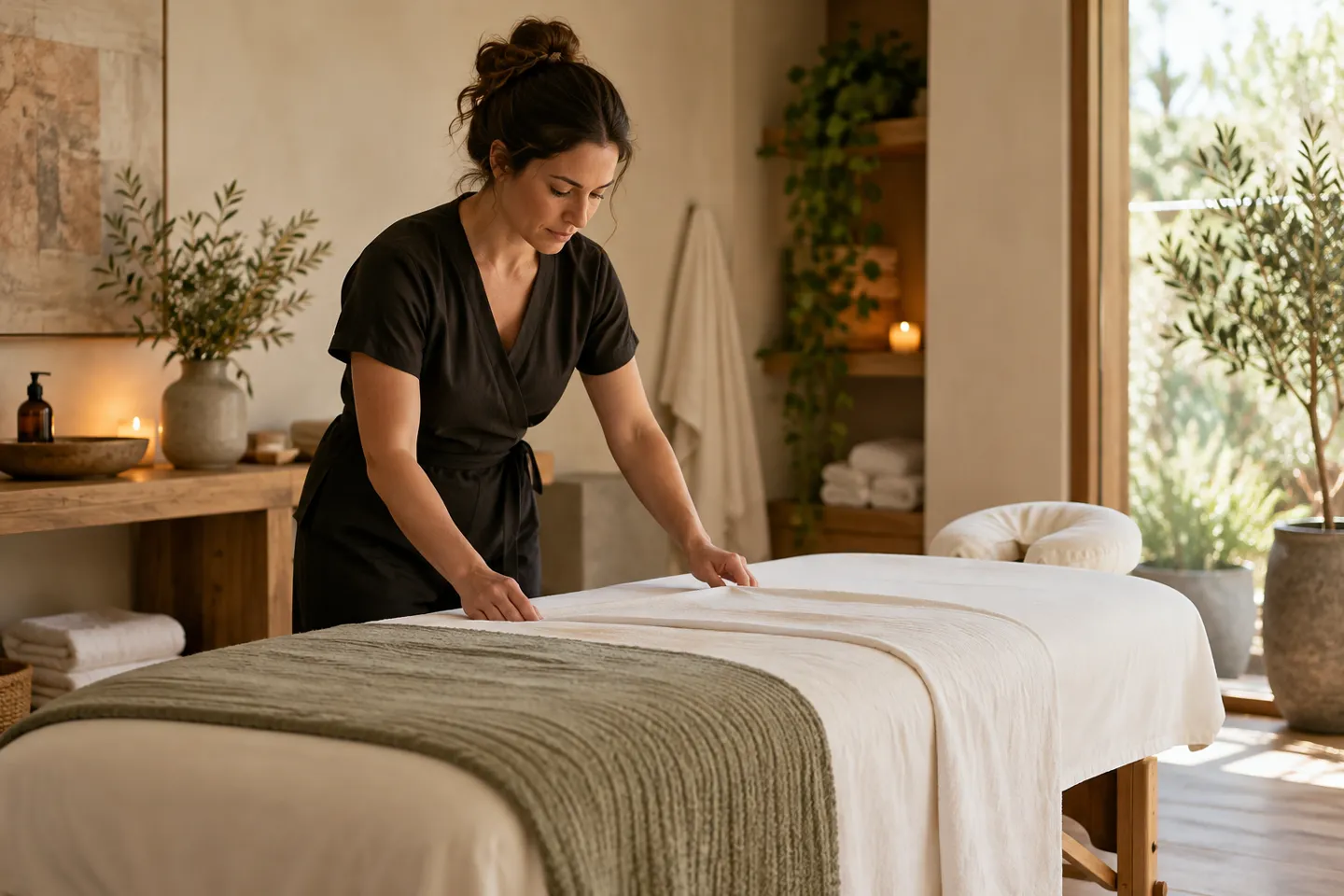 A massage therapist preparing a padded treatment table with clean linen in a serene room