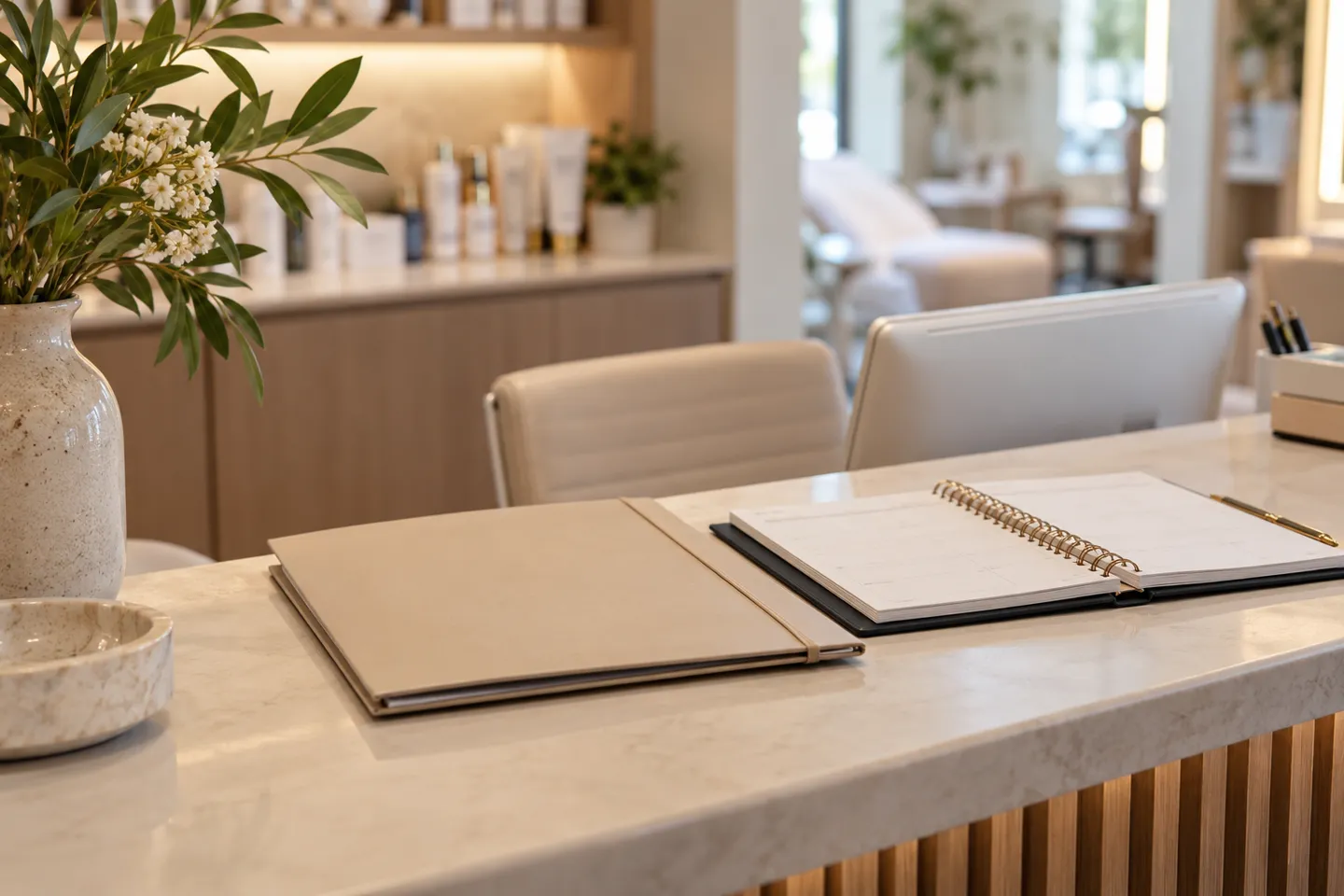 A closed confidential folder and appointment planner on a clinical reception desk, no names or medical information