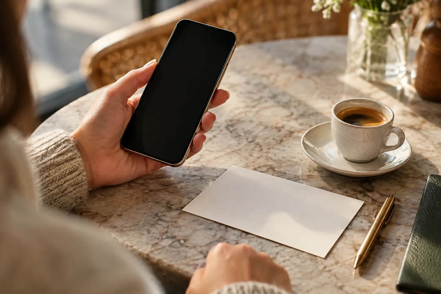 A mobile phone held naturally in one hand beside a blank appointment card and a small espresso, close side angle