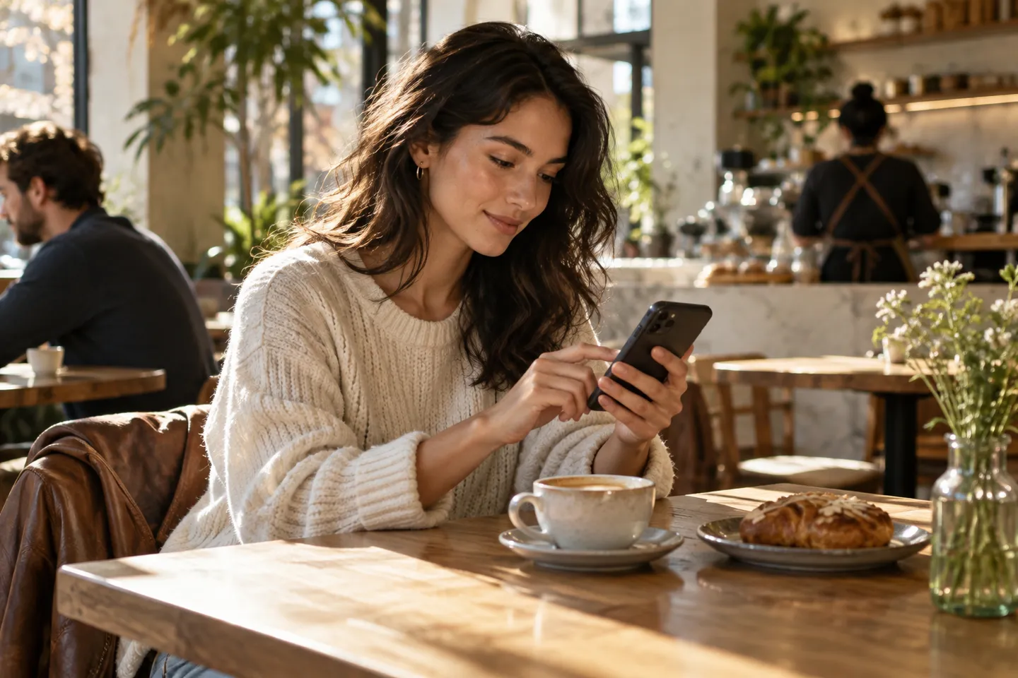 A customer comfortably making an appointment on a phone while seated in a sunny café, screen facing away