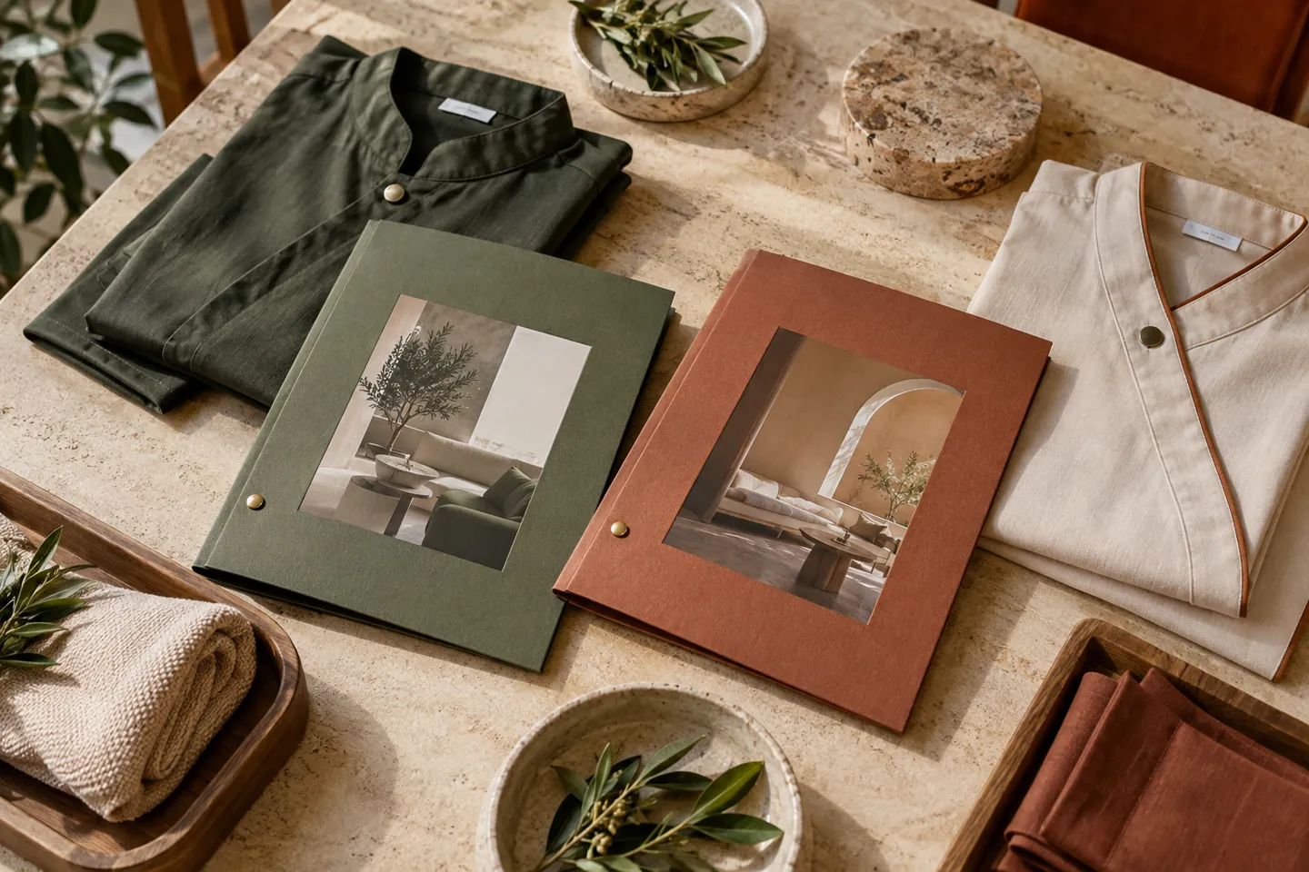 Two distinct branch welcome folders and coordinated staff uniforms on a table, editorial overhead arrangement