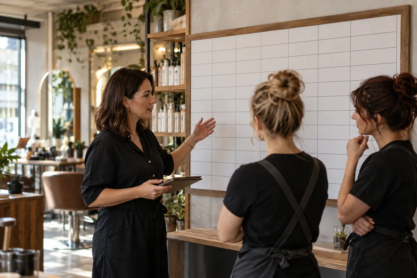 A salon manager discussing staff assignment with two team members in front of a large blank rota board