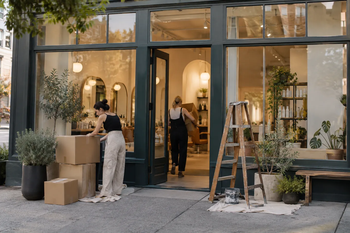 An exterior view of a second neighborhood salon being prepared for opening, no readable signage
