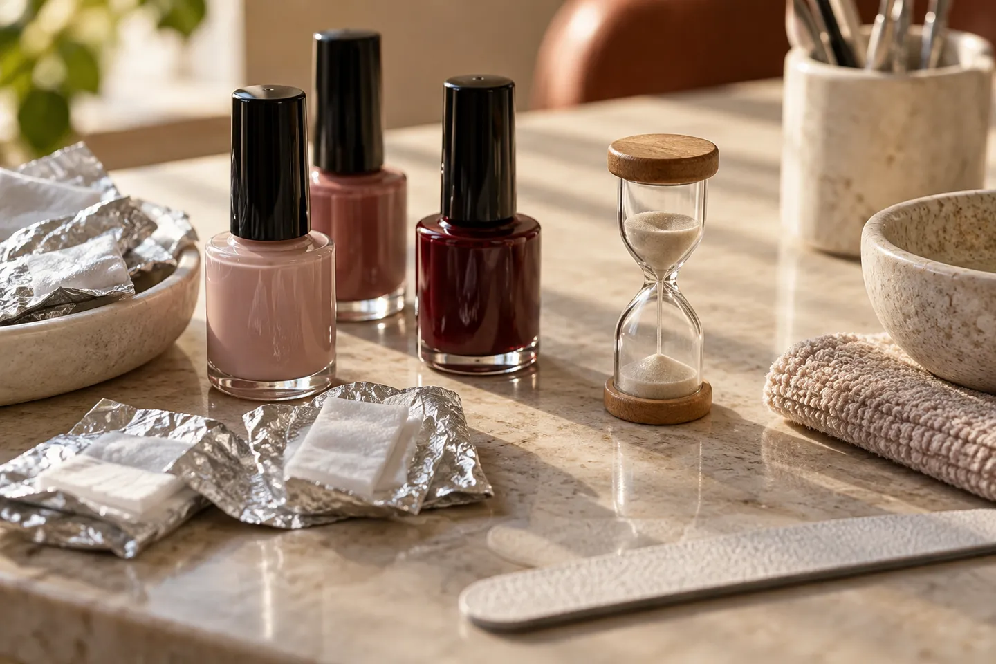 Gel polish bottles, removal wraps and a tiny sand timer laid out on a stone nail table, macro editorial detail