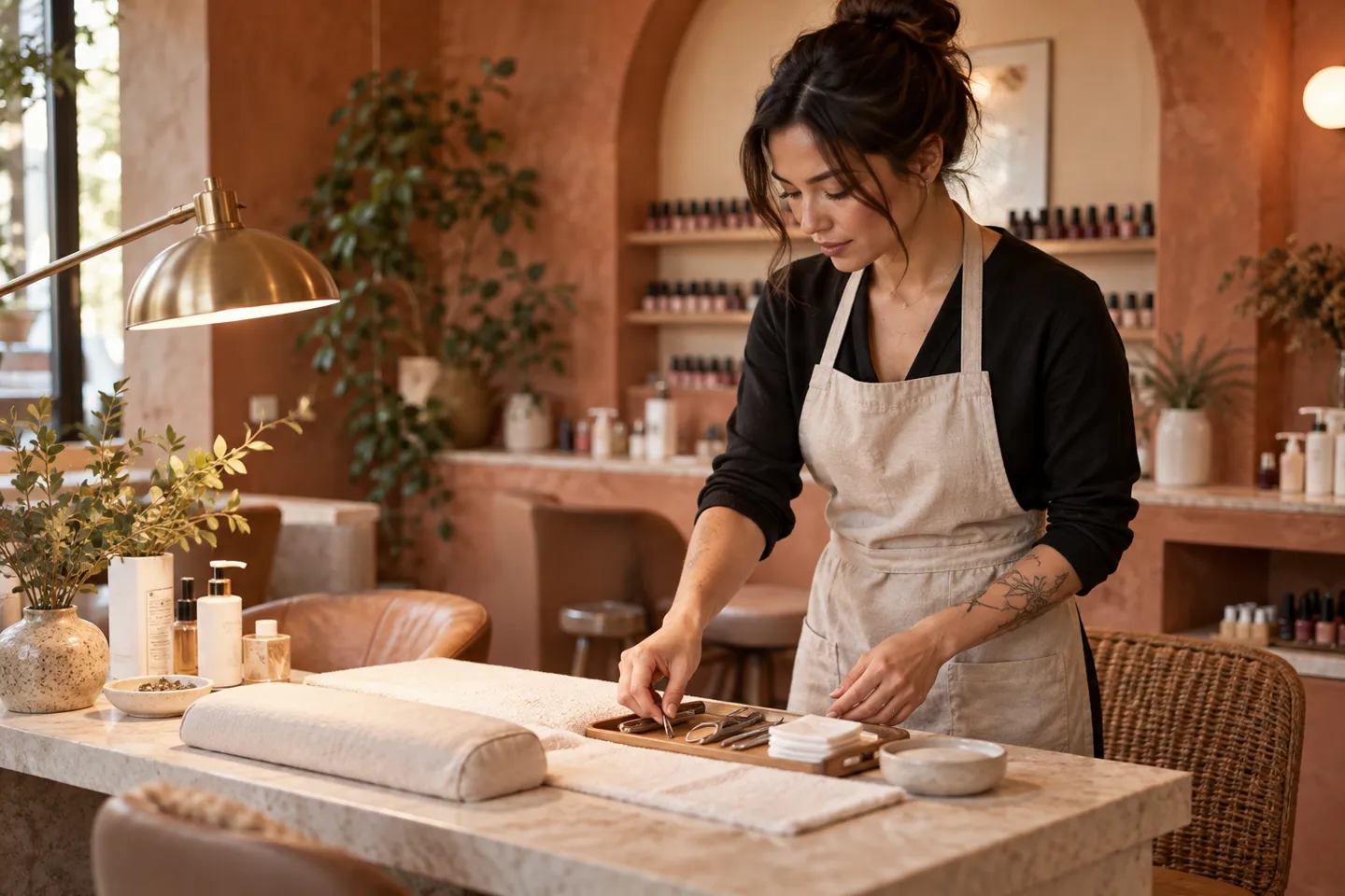 A nail technician preparing a manicure station with careful attention to tools, warm terracotta studio