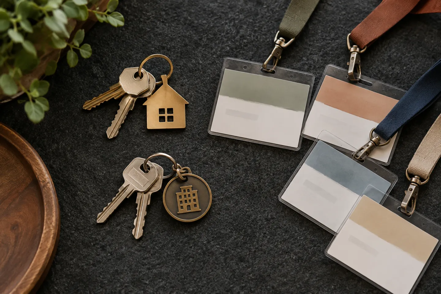 Keys for two premises beside several staff name badges with unreadable lettering, flat lay on charcoal felt